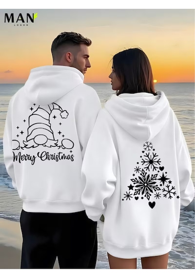 Nevermind Merry Christmas Sevgili Kombini Hoodie Unisex Oversize Kapüşonl Beyaz