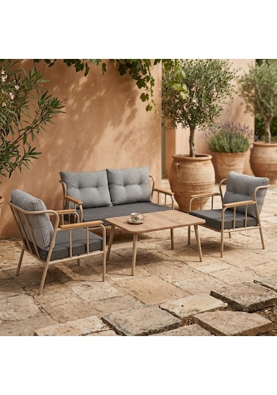 Paris 2+1+1+sehpa Metal Balkon Takımı Keten Dokulu Kumaş Cappuccino Metal - Bahçe Teras Oturma Grubu