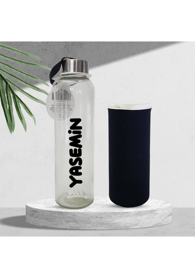 Kişiye Özel Siyah Kılıflı Cam Matara 500 Ml Hk2671