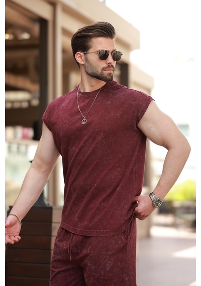 Madmext Bordo Basic Erkek Yırtık Detaylı Şort T-shirt Takım E7319