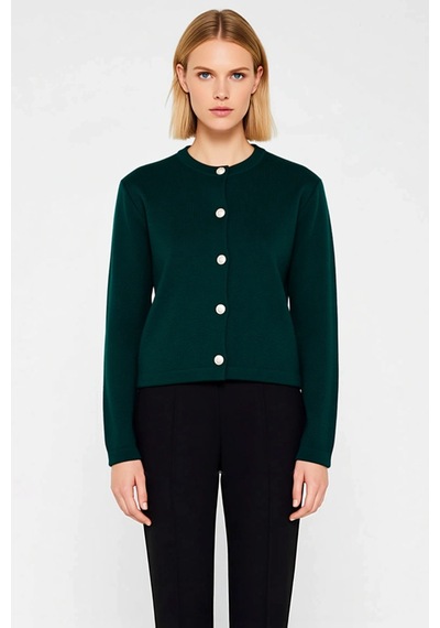 Benerly Kadın Basic Ceket Görünümlü Fitilli Triko Hırka Crop Kesim Uzun K Zümrüt Yeşili