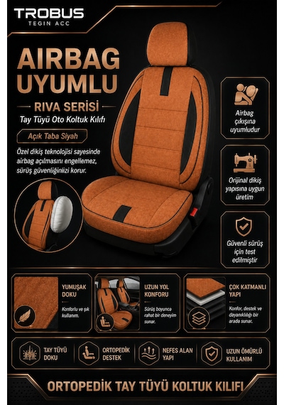 Citroen Berlingo 2004-2018 Uyumlu Riva Serisi 2+1 Ticari Taba Siyah Ortopedik Koltuk Kılıfı