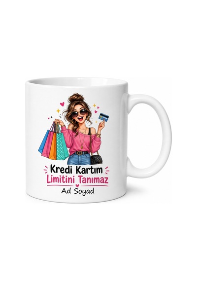 Kredi Kartı Limit Yok Çizimli Alışveriş Kolik Esprili Kadın Kupası Hediye Beyaz / Çok Renkli