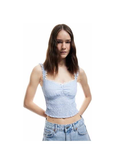 Koton Dantelli Balerin Yaka Gipeli Pötikareli Kolsuz Crop Bluz Mavi Ekose 5sal60164ıw Mavi Ekoseli