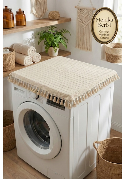 Vintage Püsküllü Çamaşır Makinesi Örtüsü - Çeyizlik Buldan Bezi Dekoratif Banyo Makine Kılıfı Bej