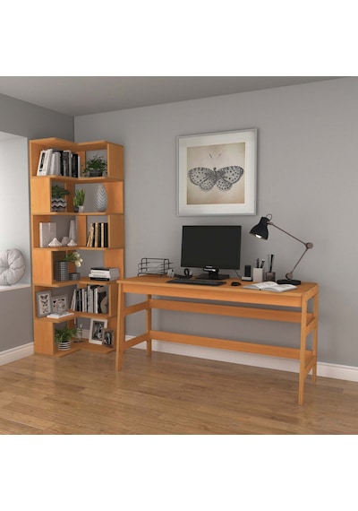 Woodesk Bohem, Ahşap, Masa Ve Köşe Kitaplık Takımı, Tik Renk Teak