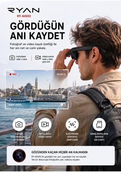 Yapay Zeka Destekli Kameralı Akıllı Güneş Gözlüğü 8mp Anlık Çeviri Bluetooth Sesli Asistan Fotoğraf Video Ry-aıg02