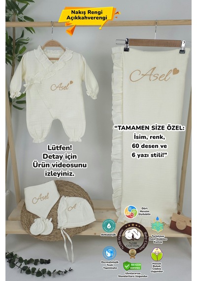 Gros Shop Müslin Yeni Doğan 4katlı Organik %100pamuk Kişiye Özgü Nakışlı Hastane Çıkış Seti-kalpli Ekru