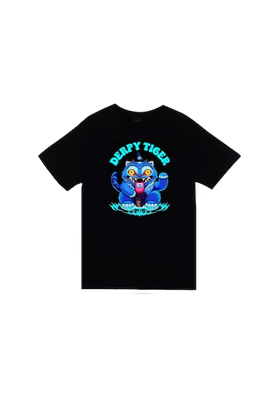 K-pop Demon Hunters Derpy Blue Tiger Baskılı Unisex %100 Pamuk Siyah T-shirt SIYAH