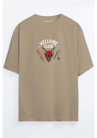 Hellfire Club Baskılı Unisex Siyah - Turuncu - Bej Oversize T-shirt Bej