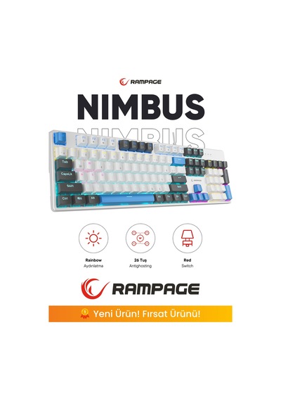 Nimbus Mekanik Klavye Beyaz Usb Rainbow Türkçe Red Switch 26 Tuş Anti-ghosting Oyuncu Klavyesi