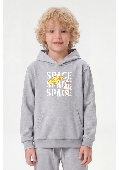 Fyk Kids Kanguru Cepli Kapüşonlu Baskı Detaylı Erkek Çocuk Sweatshirt Gri