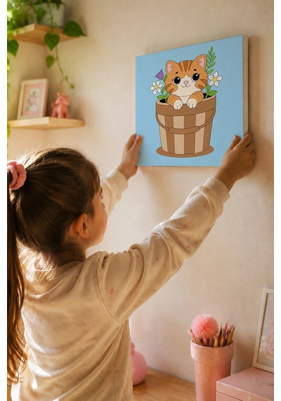 Sevimli Kedi Temalı Çocuk Boyama Tuvali Şövalesiz Eğitici Boyama Seti 20x20 Cm