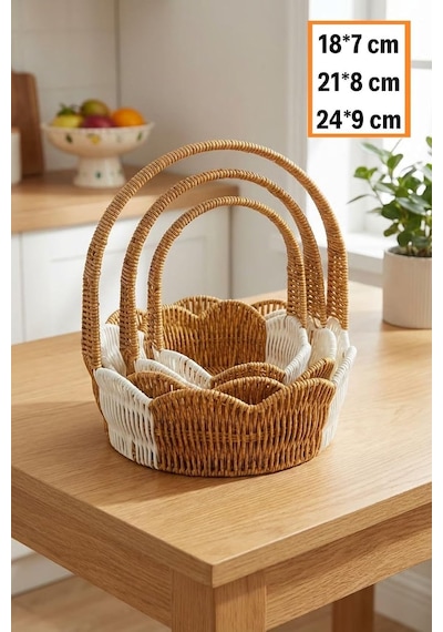 İç İçe Geçebilen 3'lü Çift Renkli Yuvarlak Dalgalı Formlu Saplı Plastik Rattan Sepet Seti, Hasır Görünümlü Genel