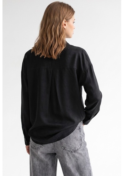 Mixray 4963 Kadın Tencel Kumaş Oversize Cepli Uzun Kollu Gömlek Siyah