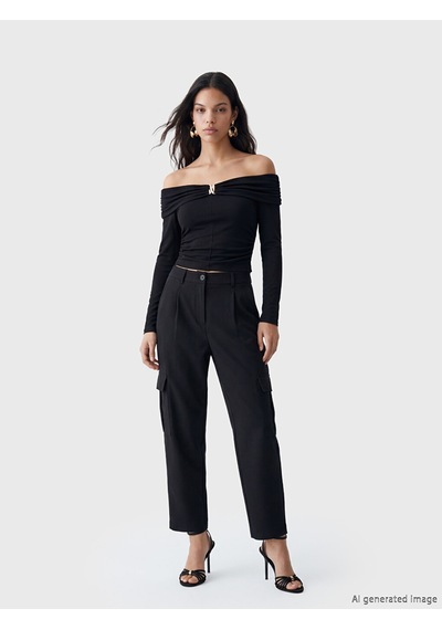 Lcw Vision Siyah Loose Fit Kadın Pileli Kargo Pantolon