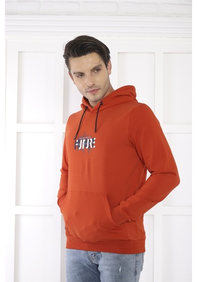 Escetic Spor Erkek Kiremit Cepli, Kapüşonlu Sweatshirt-4165