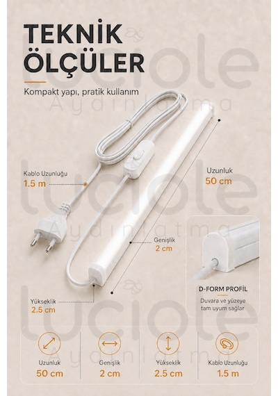 220v Beyaz Led Bar 50 Cm Fişli Anahtarlı Yapışkanlı Tezgah Altı Dolap İçi Aydınlatma