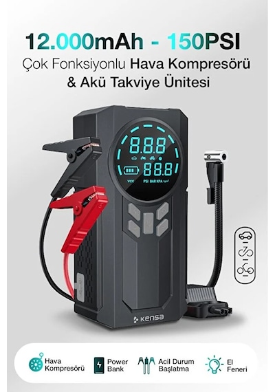 Kensa Taşınabilir Dijital Hava Kompresörü Jump Starter Powerbank Siyah