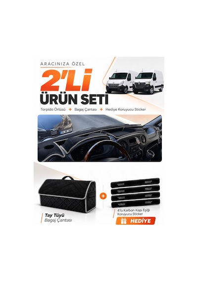 E-biz Renault Master 2011-2021 Uyumlu Torpido Örtüsü + Tay Tüyü Bagaj Çantası - Siyah-gri - Re037