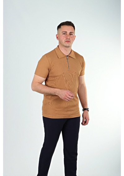 Eg38 Yarım Fermuar Polo Yaka Tşört Taba