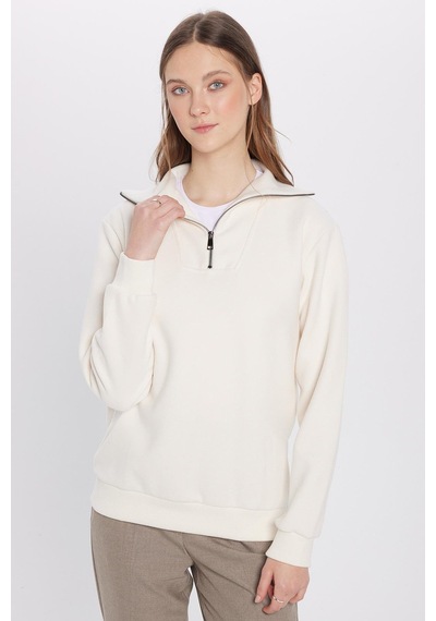 Tudors Unisex Relax Fit Rahat Kesim Fitilli Desenli Pamuklu Yarım Fermuarlı Ekru Dik Yaka Sweatshirt-31988 Ekru