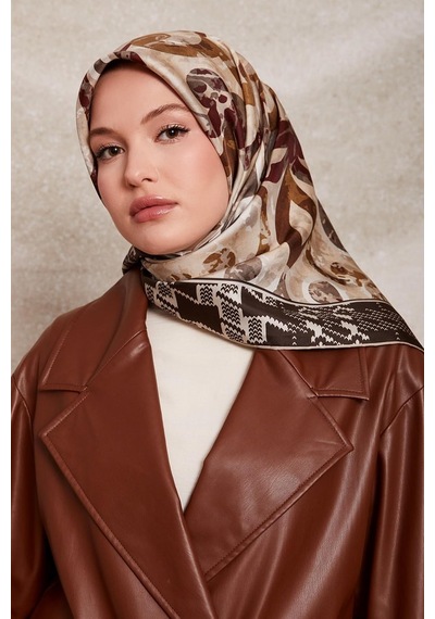 Levidor Desenli Twill İpek Eşarp-0918 Kahve