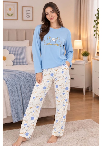 Genel Pamuklu İnterlok Kadın Pijama Takımı Açık Mavi