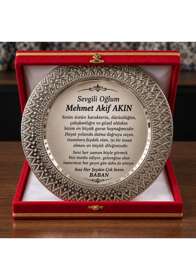Kadife Kutulu Gümüş Metal Tabak Plaket Kişiye Özel Baskılı Ödül Hediye Plaketi Kırmızı