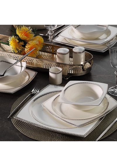 Aryıldız 31038 Square Line Platin Porselen 60 Parça Yemek Takımı Gümüş
