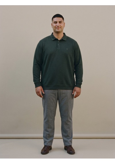 Maccali Erkek Haki Büyük Beden Polo Yaka Battal Sweatshirt