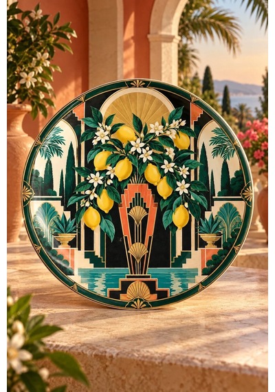Dekoratif Duvar Tabağı Limonlu Art Deco Bahçe Dekorlu Seramik Tabak Metalik