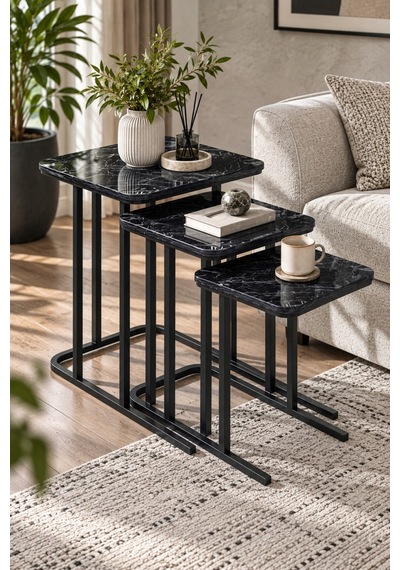Sulorahome 3'lü Zigon Sehpa Seti Siyah Mermer Desenli Metal Ayaklı