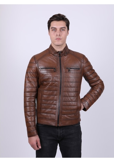 New Zaya Leather Erkek Açık Kahverengi Şişme Deri Mont Açık Kahverengi