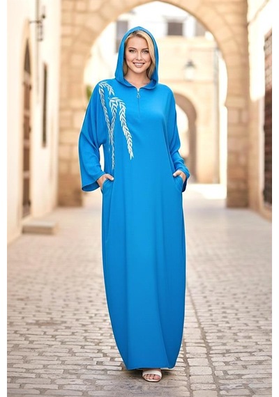 Veraura Lifestyle Mavi Kapüşonlu Nakışlı Cepli Oversize Uzun Elbise