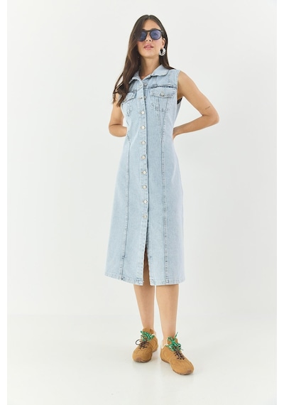 Shade Kadın Belden Oturan Cepleri Kapaklı Sıfır Kollu Düğmeli Denim Elbise 3575 60283288 - Buz Mavisi