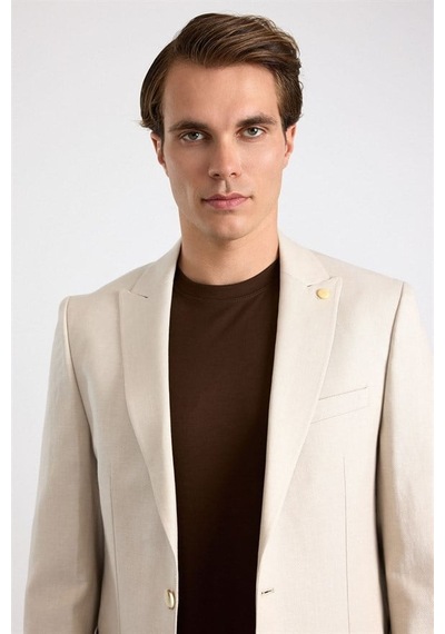 Süvari Bej Slim Mono Yaka Düz Poplin Torba Cep 6 Drop Klasik Ceket Sct2021600005-bj3