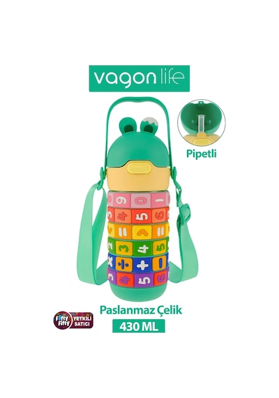 Vagonlife 430 Ml Pipetli Çelik Termos Askılı Matematiği Sevdiren Su Matarası -ffvgn30031-430ml Yeşil