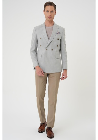 Efor Slim Fit Çift Yırtmaç Çizgili Kruvaze Casual Gri Ceket C 704 Gri