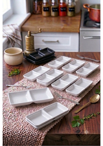 12 Adet Kırılmaz Melamin 2 Bölmeli Sosluk Ve Çerezlik 18 X 9 Cm - Beyaz Beyaz
