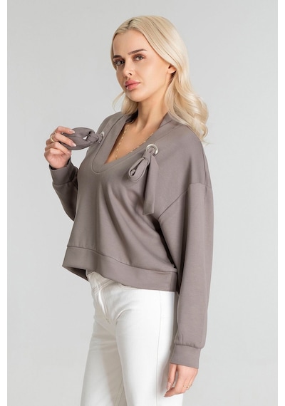 Kadın Modal Cupra Kumaş Kuşgözü Kordonlu Sweatshirt Gri