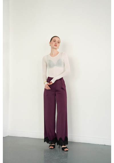 Verymoda Paçası Dantelli Saten Pantolon D2969 Mürdüm