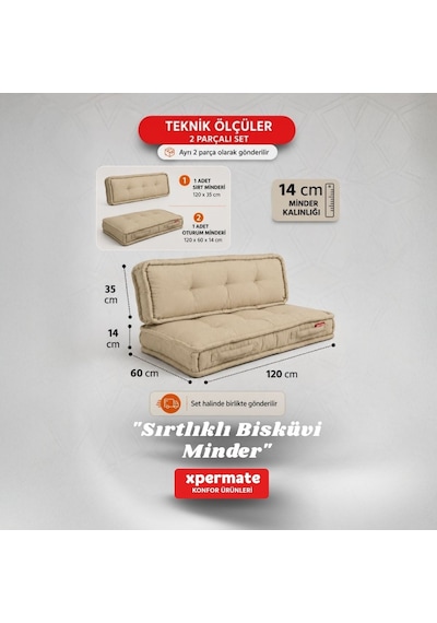 Xpermate Bisküvi Yer Minderi 60x120 Kalın Palet Balkon Petek Önü Fermuarlı Minder Bej