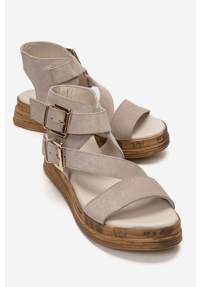 Luvishoes Lorentıs Bej Süet Hakiki Deri Çift Tokalı Kadın Sandalet