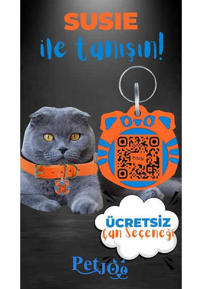 Petjoo 3.Susie Mavi-Turuncu Qr'lı Kedi Künyesi
