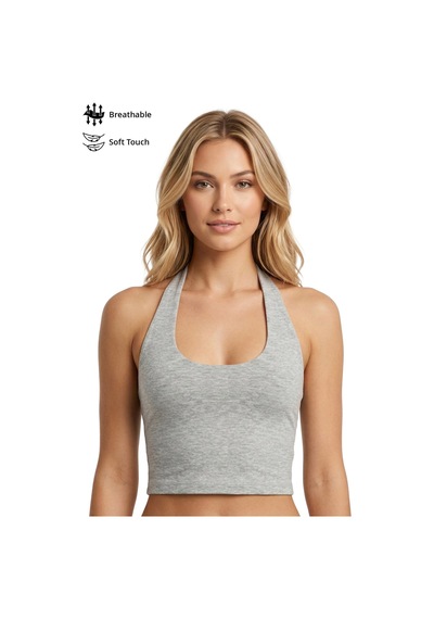 Cottonhıll Gri Melanj Viskon Halter Yaka Sırt Dekolteli Kadın Crop Atlet