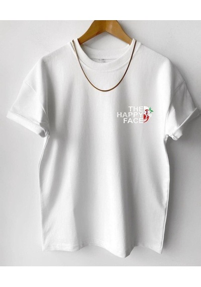 Flood Of Style Erkek Beyaz Happy Face Baskılı Oversize Tshirt