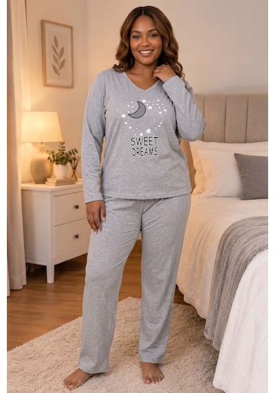 Büyük Beden Kadın Baskılı Kaşkorse Pijama Takımı Açık Gri
