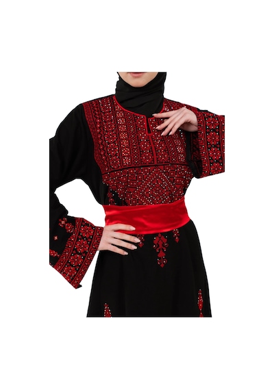 Zaytoon Filistin Nakışlı Modern Siyah Kaftan Elbise - Geleneksel Şıklık Kırmızı