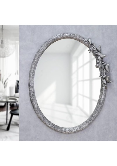 Kuş Figürlü Dekoratif Duvar Aynası Ağaç Dalı Tasarım Oval Ayna, Salon Antre İçin Şık Ayna Gümüş Diğer